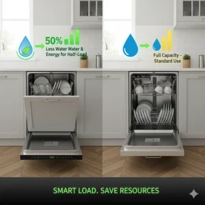 Graphic illustrating the water and energy efficiency benefits of using a half-load in a single dishwasher drawer.