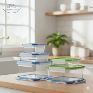 Perfectly dry plastic food containers and lids, showcasing the superior drying performance of a best drying dishwasher on difficult items.
