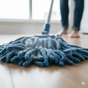 A close-up of a dust mop head with a visibly treated surface from the dust mop spray, ready for use.
