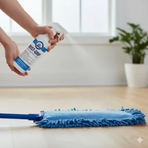 A person holding a bottle of dust mop spray, demonstrating the correct way to apply the product evenly onto a dust mop head.