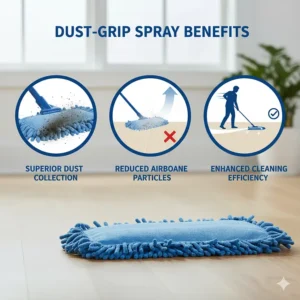 An infographic highlighting the benefits of using a dust mop spray, such as improved dust collection, reduced airborne particles, and enhanced cleaning efficiency.