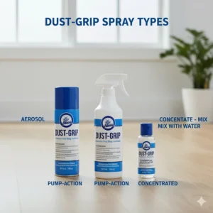 A collection of different types of dust mop sprays, including aerosol, pump-action, and concentrated formulas, to showcase the variety available.