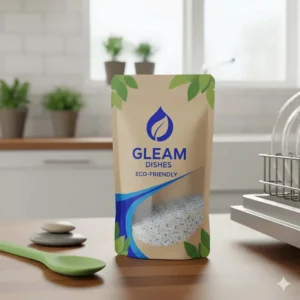 Green and white bag of biodegradable or phosphate-free dishwasher powder shown with sustainable packaging.