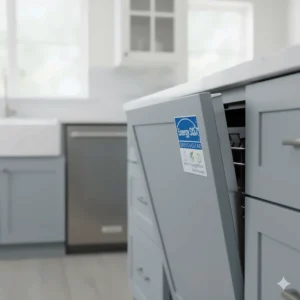 An Energy Star certified panel ready dishwasher to illustrate water and energy efficiency.