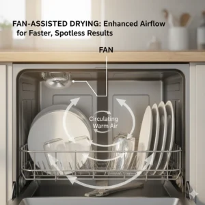 Interior view highlighting the fan component in a best drying dishwasher with fan-assisted drying technology for improved air circulation.