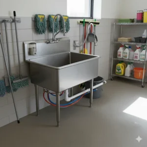 A display of common accessories for floor mop sinks, including a wall-mounted faucet and a hose holder.