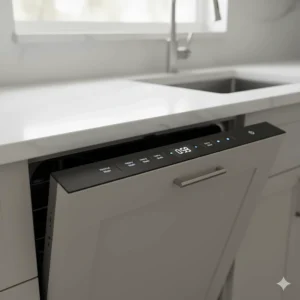 A hidden top-edge control panel for a fully integrated best panel ready dishwasher.