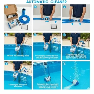 A step-by-step diagram showing the easy setup process for an automatic cleaner in an above-ground pool, from unboxing to first use.