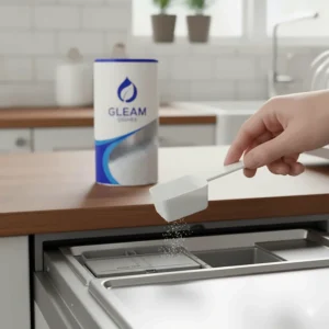 A person carefully scooping and measuring the correct amount of dishwasher powder into the dispenser.