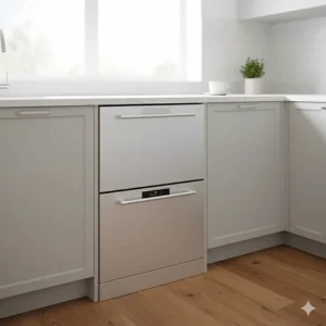 Example of a fully integrated, built-in drawer dishwasher seamlessly installed below the kitchen counter.