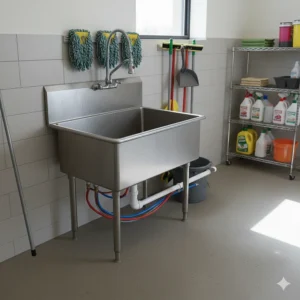 A clean, organized janitor's closet with a newly installed floor mop sink and cleaning supplies.