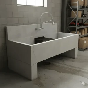 A large, heavy-duty concrete floor mop sink typically found in industrial or warehouse settings.
