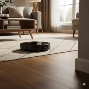A Lefant M210 robot vacuum cleaner autonomously navigating a living room floor, showing its anti-collision technology and slim design.