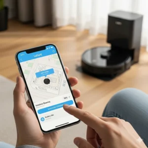 A user controls the Lefant robot vacuum using the Lefant smart app on their smartphone, scheduling cleanings and monitoring battery life.