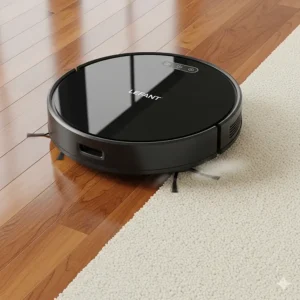 A Lefant robot vacuum transitioning seamlessly from a hardwood floor to a low-pile carpet, demonstrating its versatility on different surfaces.