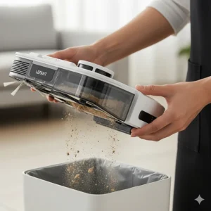 The Lefant robot vacuum's large dustbin is being emptied, showing how easy it is to maintain.