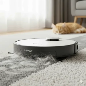 The Lefant robot vacuum picks up pet hair from a carpet with its powerful suction and tangle-free design.