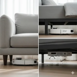 An image highlighting the slim profile of the Lefant robot vacuum, allowing it to easily clean under low furniture like sofas and beds.