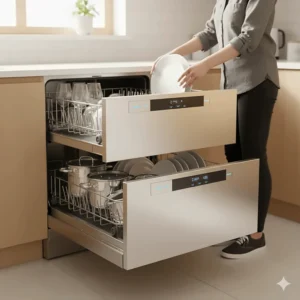 Person loading the upper drawer of the double drawer dishwasher at waist height for comfortable, no-bend access.