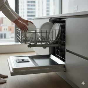 Person easily loading dishes and cutlery into the ergonomic top drawer of the dishwasher.