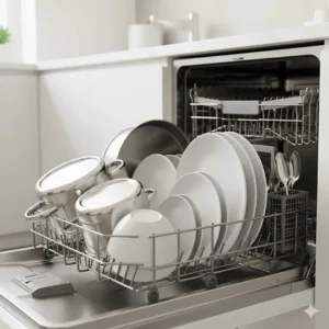 A fully loaded lower dishwasher rack showing optimal placement for dinner plates and large pots.