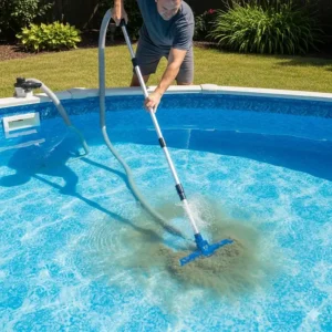 A person manually using a hose and vacuum head to clean the bottom of an above-ground pool, showing a hands-on cleaning method.