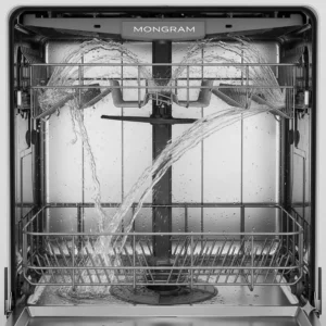 Close-up of the Monogram dishwasher advanced wash system, highlighting the powerful jets and complete water coverage for spotless cleaning.