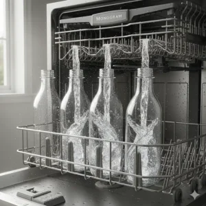 Detailed view of the dedicated Monogram dishwasher bottle jets positioned to deep clean tall or narrow-neck items like water bottles.