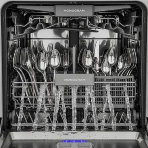 Close-up of silverware in the lower rack being targeted by the dedicated Deep Clean Silverware Jets inside the Monogram dishwasher.