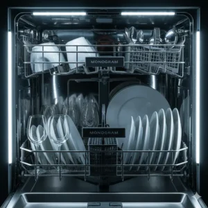 Inside the Monogram dishwasher, showcasing the brilliant interior LED lighting that illuminates the stainless steel tub for easy loading and unloading.