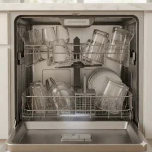 Wine glasses and hard-to-dry items sparkling clean, illustrating the efficiency of the Monogram dishwasher Max Dry system with fan-assisted drying.
