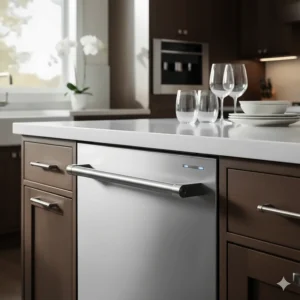 Exterior shot of a Monogram dishwasher with the subtle status light, emphasizing its ultra-quiet 39 dBA operation and discreet cycle progress.