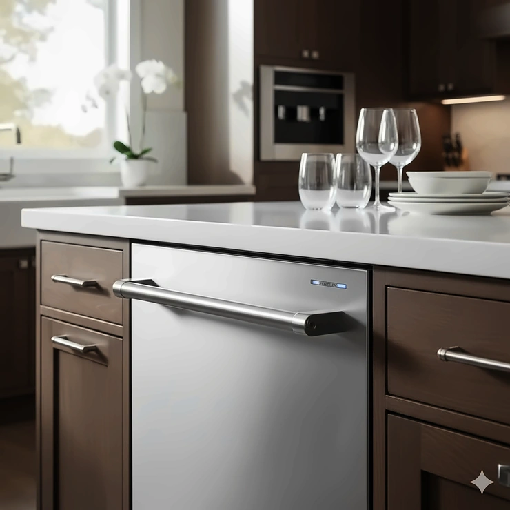 Luxurious Monogram dishwasher in stainless steel, perfectly integrated into a modern kitchen, showcasing the professional statement collection handle.