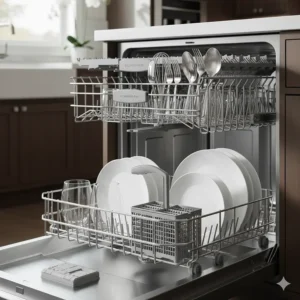 Interior view of a Monogram dishwasher with the full-extension, adjustable third rack holding cutlery and cooking tools for maximum loading capacity.