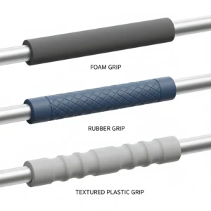 Close-up of various ergonomic mop handle grips, including foam, rubber, and textured plastic, designed for comfort.
