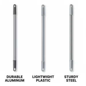 A visual representation of mop handles made from different materials, such as durable aluminum, lightweight plastic, and sturdy steel.