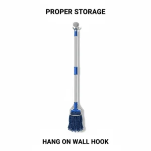 A simple illustration of a mop handle neatly stored by hanging on a wall hook, demonstrating proper and space-saving storage.