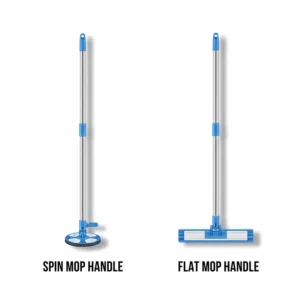 An image showing different mop handles designed for specific types of mops, including a spin mop handle and a flat mop handle.