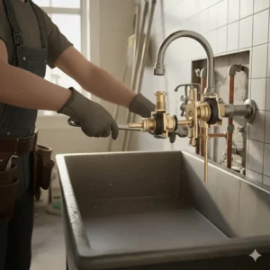 A detailed diagram of the internal compression valves and stems within a two-handle mop sink faucet, showing how they control water flow.