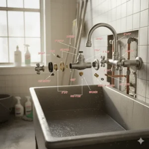 Exploded view diagram showing all the individual parts of a mop sink faucet, including handles, stems, washers, and spout.