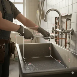 Technical drawing showing the standard rough-in dimensions and mounting points for a commercial mop sink faucet, useful for plumbers and installers.