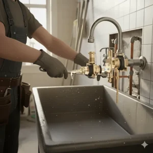 A cross-section diagram of an atmospheric vacuum breaker, an essential anti-siphon component on a mop sink faucet to prevent backflow contamination.