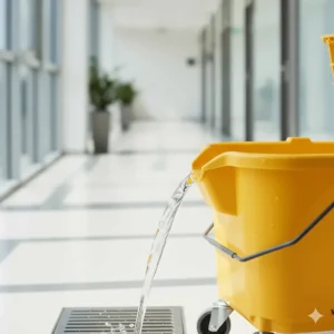 A close-up of a mop wringer bucket's integrated pour spout, designed for easy and spill-free disposal of dirty water.