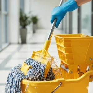 A detailed view of the pressure plate and lever mechanism on a mop wringer, showing how it squeezes water from a mop head.