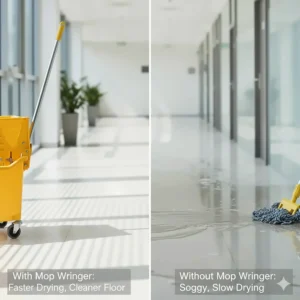 A side-by-side comparison of a clean, quickly-drying floor after using a mop wringer versus a soggy, slow-drying floor from a non-wrung mop.