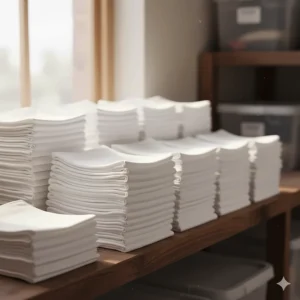 Neatly folded, freshly laundered commercial grade bar mops ready for storage.