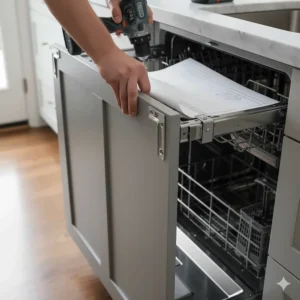 Image showing the mounting brackets or template used to secure the custom panel on a panel ready dishwasher.