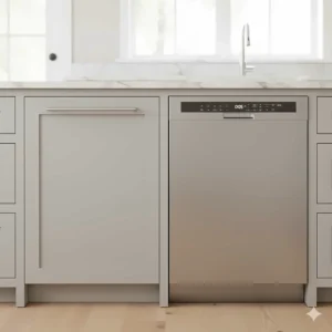Side-by-side comparison of a panel-ready unit (left) and a standard stainless steel dishwasher (right)