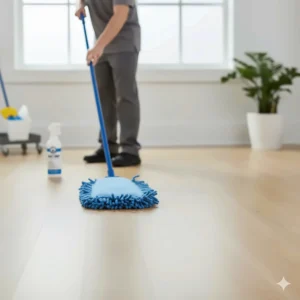 A person actively dust mopping a large commercial floor, using a dust mop pre-treated with dust mop spray to ensure thorough cleaning.