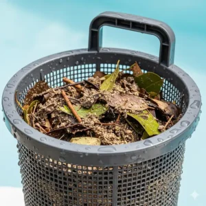 A close-up shot of a pool cleaner's easy-to-remove filter basket filled with collected leaves and debris.